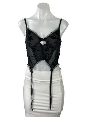 Tic Toc Women's Black Floral Lace Sleeveless Ruffle Straps Corset Top Size M